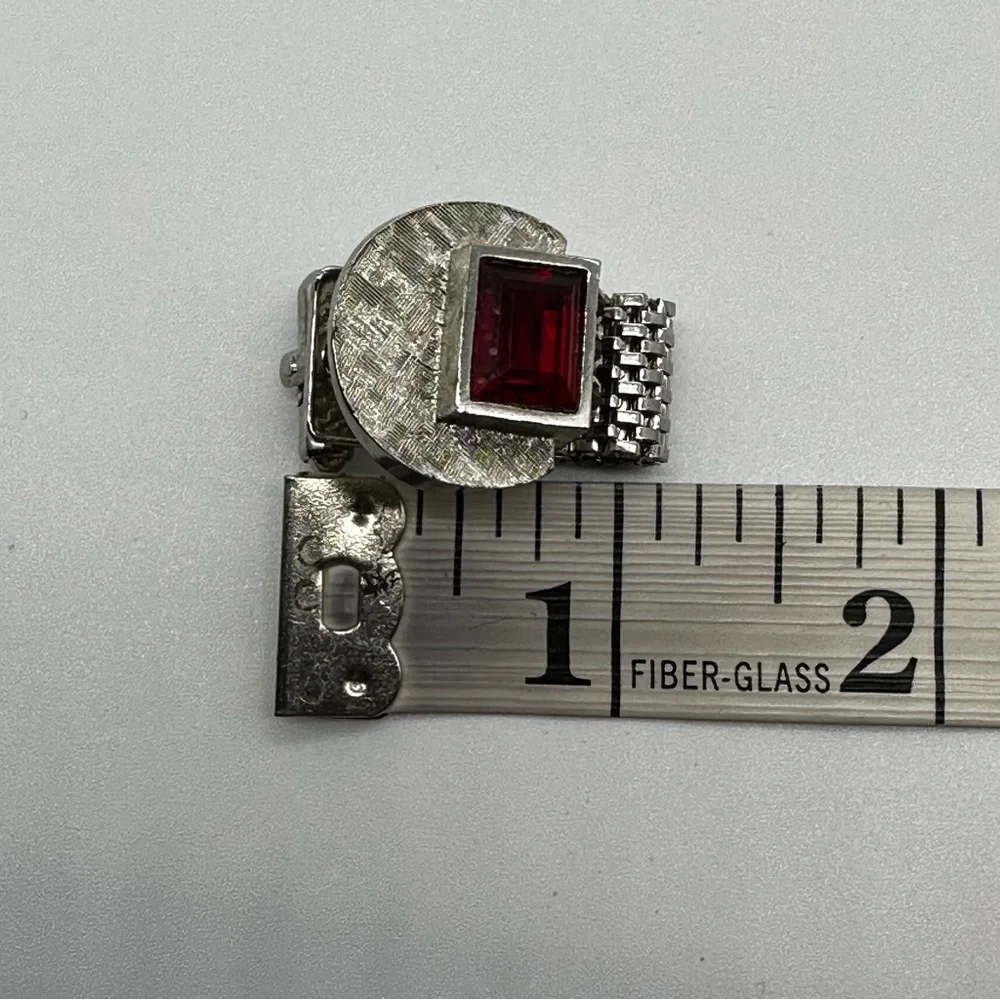 Vintage Mesh Brushed Silver Tone Red Jeweled Cufflinks